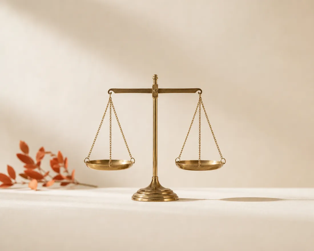 A balanced brass scale on warm paper — weighing capital and investment